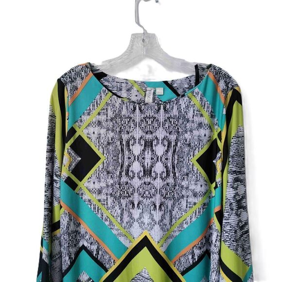 TREND MAKERS Multicolor Geometric Long Bell Sleeve Shift Dress Knee Length Large - Picture 2 of 7